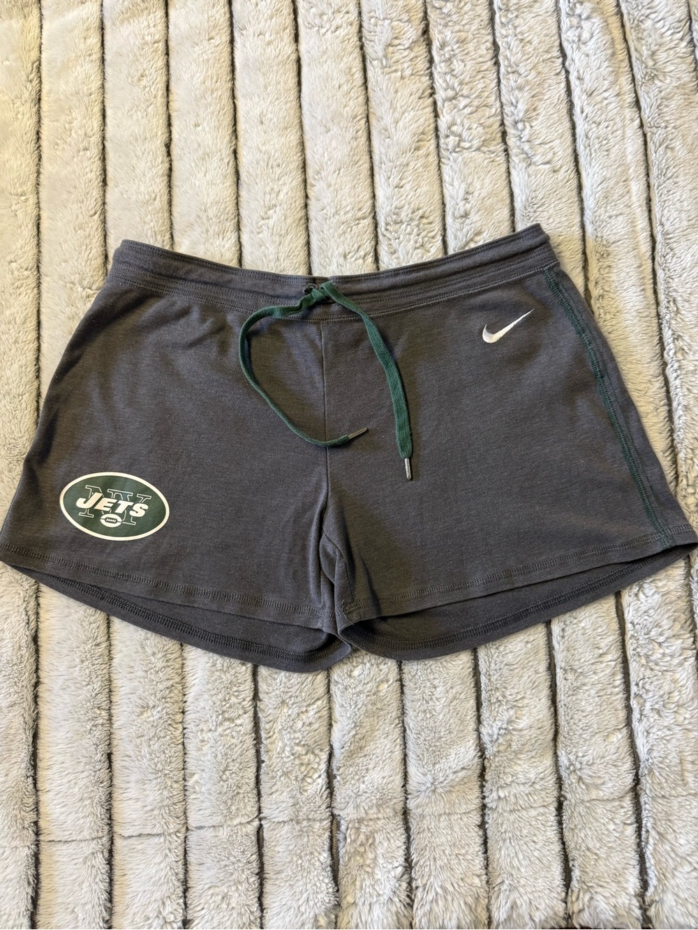 NFL Gray Athletic Shorts with Green Drawstring and Jets Logo